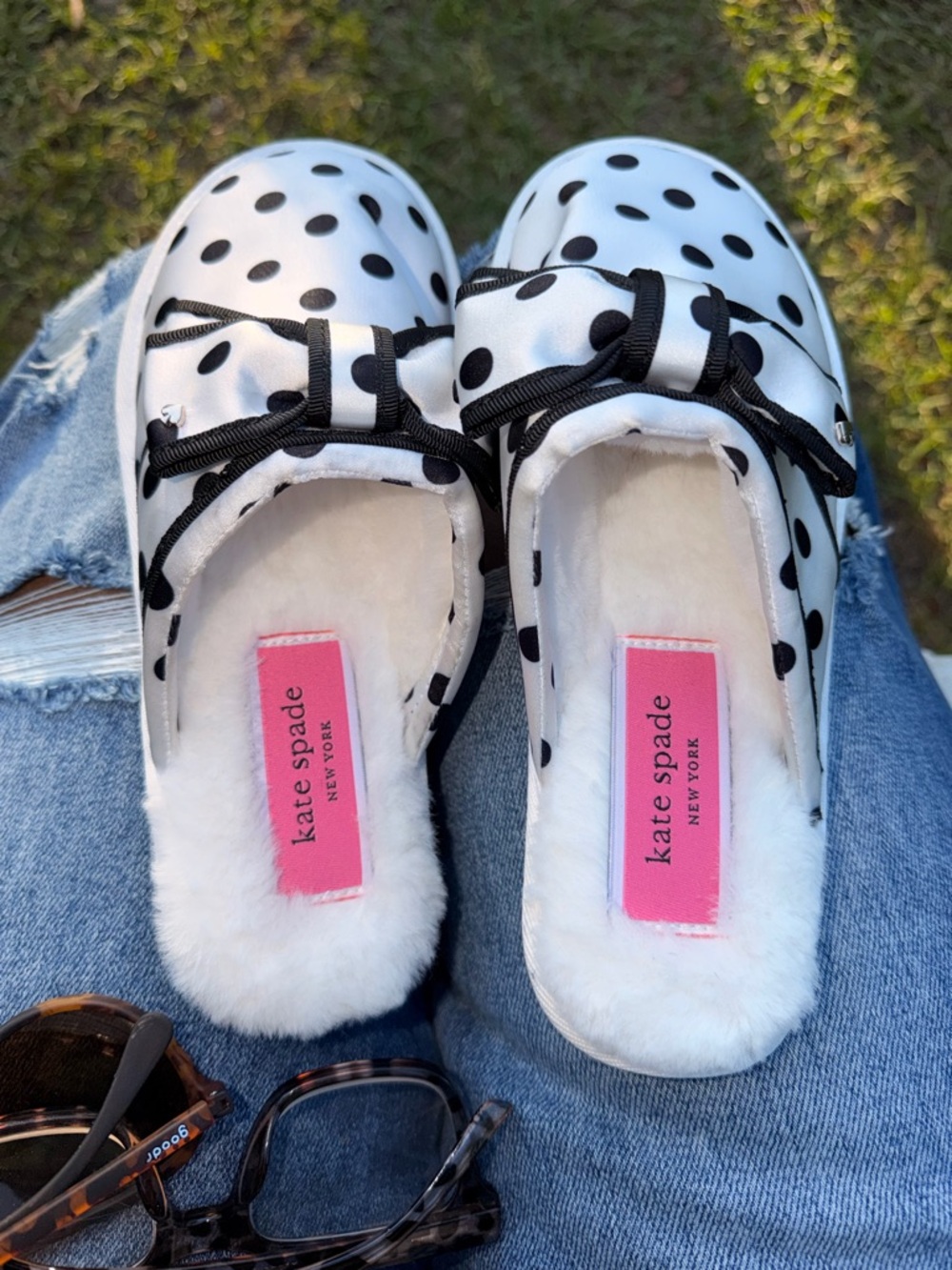 kate spade White and Black Polka Dot Faux Fur Slip-Ons with Bow
